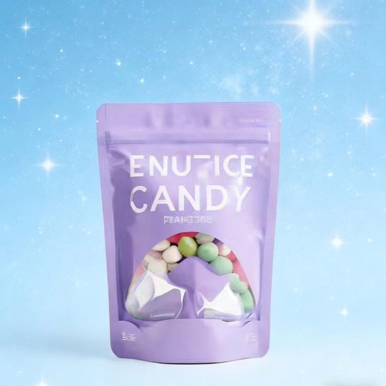 Custom Printed Purple Stand Up Zipper Pouches with Window for Candy Packaging 1