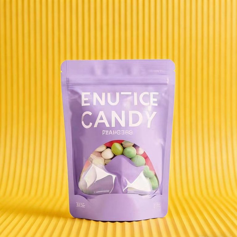 Custom Printed Purple Stand Up Zipper Pouches with Window for Candy Packaging 3