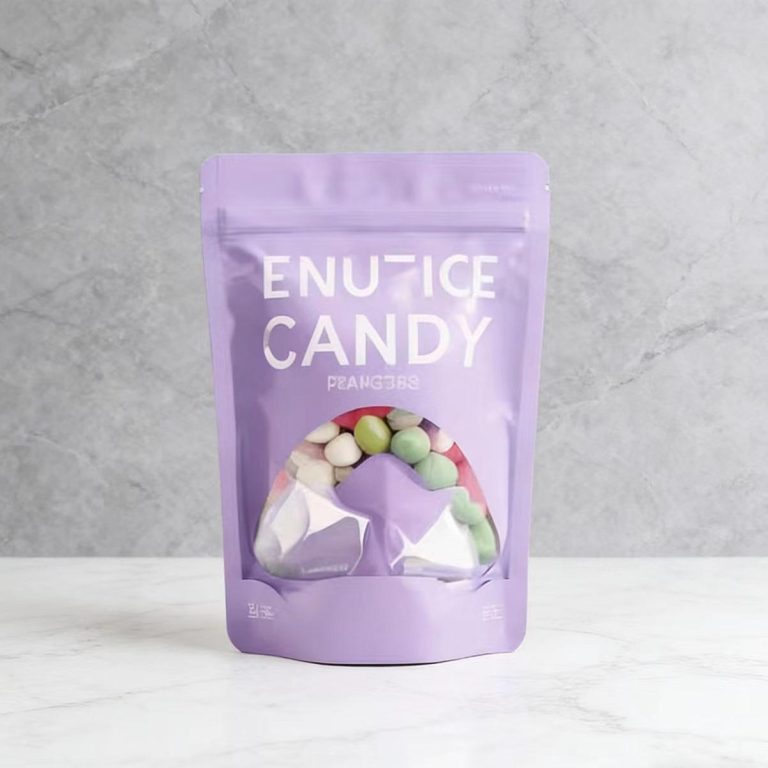 Custom Printed Purple Stand Up Zipper Pouches with Window for Candy Packaging 6