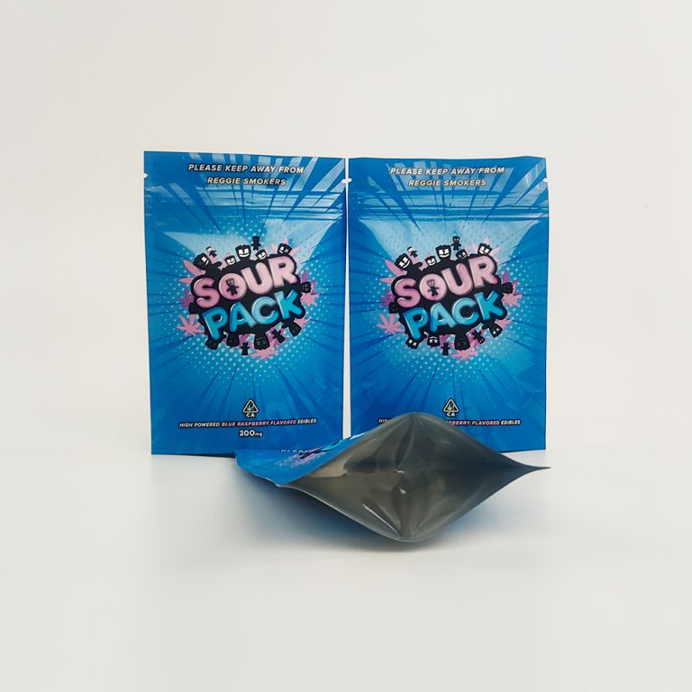 3.5g Mylar stand up pouch is custom printed with aluminum foil construction and includes a secure plastic zipper4
