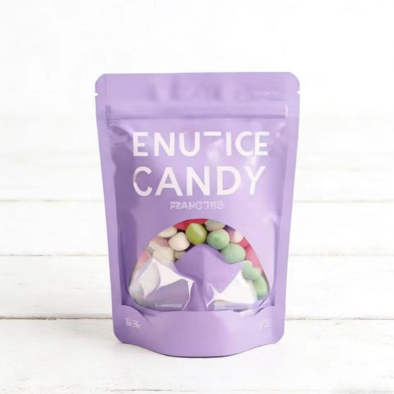 Custom Printed Purple Stand Up Zipper Pouches with Window for Candy Packaging 4