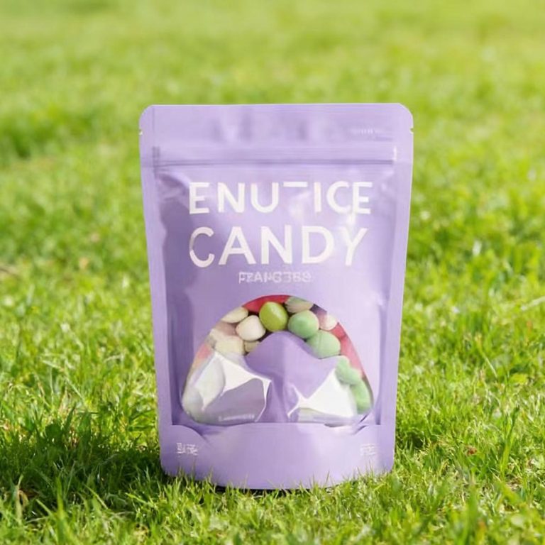 Custom Printed Purple Stand Up Zipper Pouches with Window for Candy Packaging 2