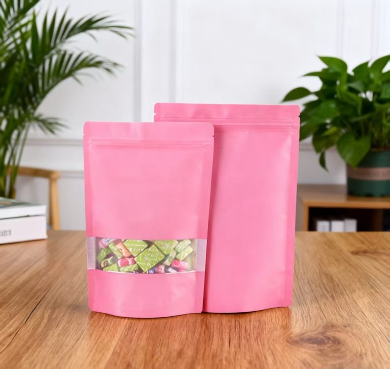 Stand Up Zipper Pouch with Clear Window Resealable for Candy Snack Packaging 2
