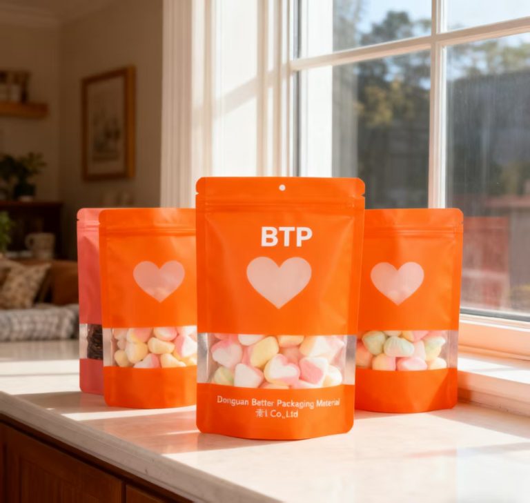 Food Grade Windowed Stand Up Zipper Pouch Resealable for Candy Dried Fruits and Snacks 2