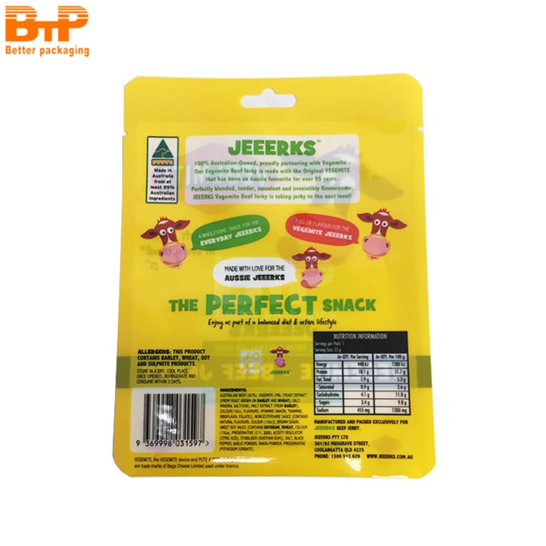Custom Printed Three Side Sealed Zipper Pouch for Beef Jerky Flavor Snacks Airtight Seal Lock Freshness and Aroma4
